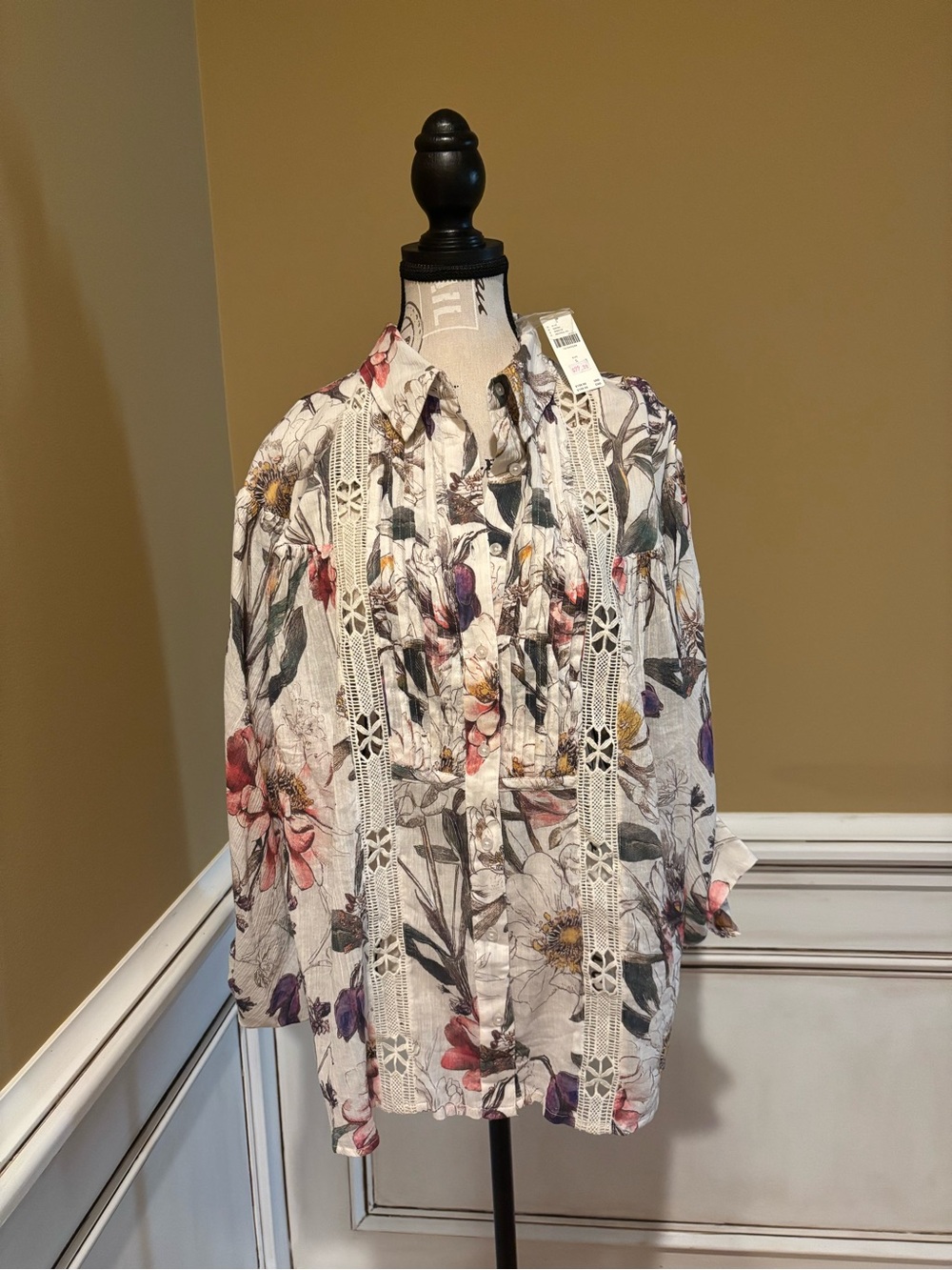 Floral Lace-Trim Button-Up Blouse — Multicolor Floral